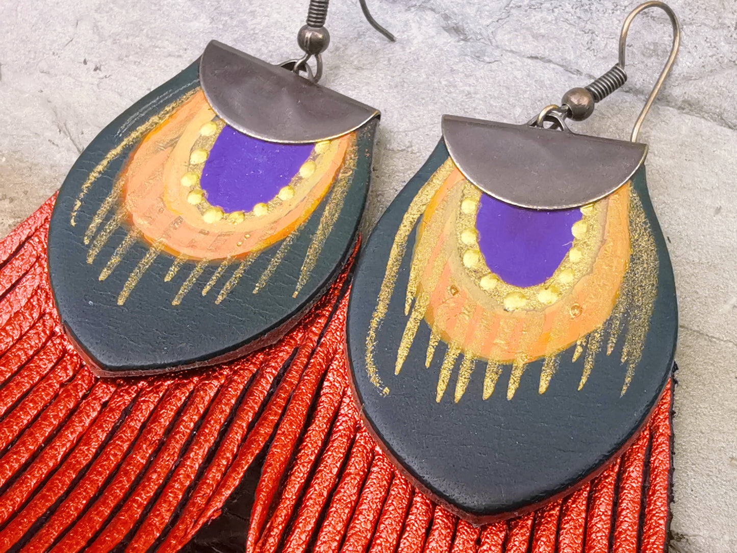 Round Feather earrings - metallic orange