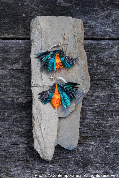 Natural patterns textile earrings - Small green and orange