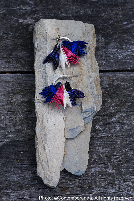 Natural patterns textile earrings - Small blue and magenta