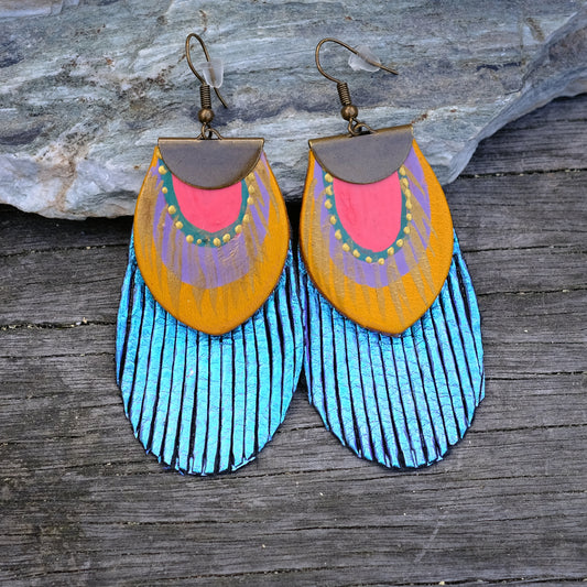 Feather - metallic blue earrings