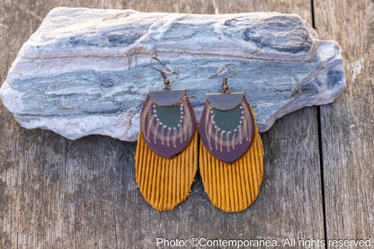 Round Feather earrings - mustard