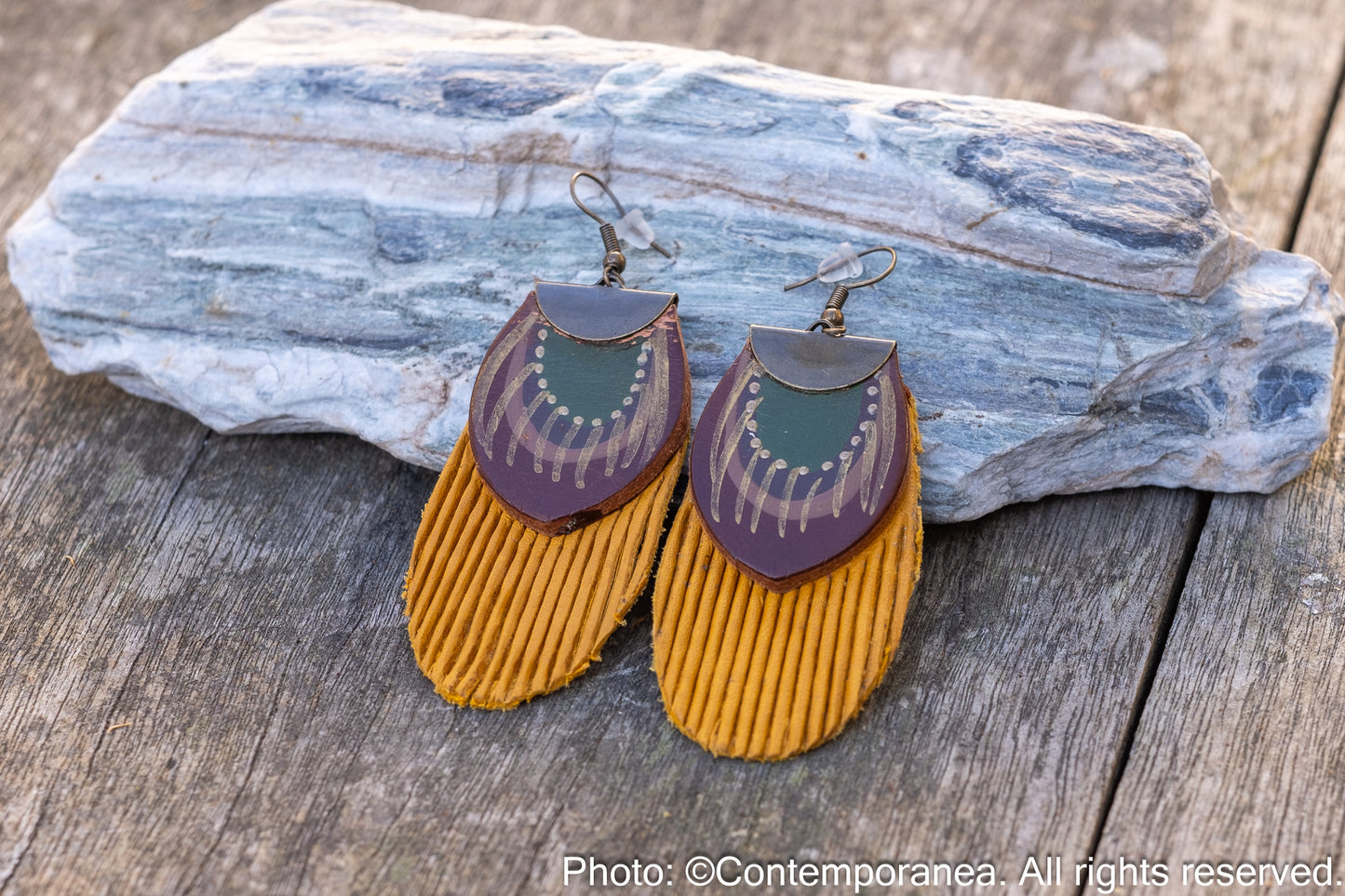 Round Feather earrings - mustard