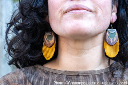 Round Feather earrings - mustard