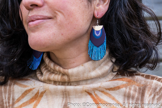 Round Feather earrings - iridescent blue and purple