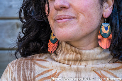 Round Feather earrings - metallic orange