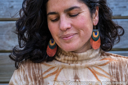 Round Feather earrings - metallic orange